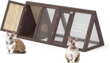 Outdoor Chicken Coop Wooden A-Frame Small Animal Coop Rabbit House Quail Cages with Outdoor Runs & Ventilated Wire Fence Suitable for Garden Backyard Farms 47 x 18 x 19.5 in (Brown)