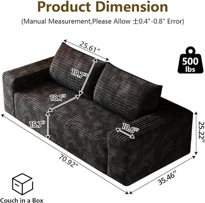 71" Boneless Loveseat Sofa - Cloud Couch with Memory Foam, Comfy Deep Seat - Corduroy Floor Sofa, No Assembly Required - Small Space Friendly for Living Room, Bedroom, Apartment, Black