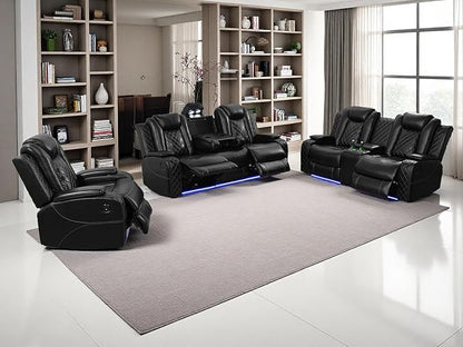 Dekmxas Modern Living Room Furniture Sets, Power Reclining Sofa Set, 3-Pieces Breathing Leather Black Power Recliner Sofa Couches Set with Storage Console/Cup Holder/LED Light for Office/Living Room