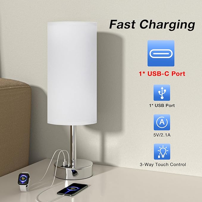 White Bedside Touch Table Lamps for Bedroom Nightstand with USB-C USB-A Charging Ports White, 3 Way Dimmable Control Small Lamp Silver Base for Office, Living Room, Reading