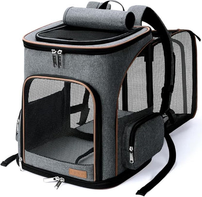 Lekereise Pet Carrier Backpack Expandable Cat Backpack for Medium Dogs and Large Cats 20-25 Lbs,14“L * 12.5" W * 16.14" H, Grey