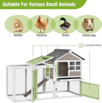 Rabbit Hutch Indoor or Outdoor, Wooden Bunny Cage with Chew-Proof Ramp, Mobile Rabbit House with Wheels, Guinea Pig Cages with Leakproof Tray and Waterproof Roof (Brown)