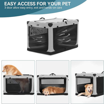 PETSFIT 36" Soft Portable Dog Crate – Patented Spiral Sturdy Frame, Collapsible Travel Kennel for Medium & Large Dogs, 3 Mesh Door, Lockable Zippers, Indoor & Car Use Gray