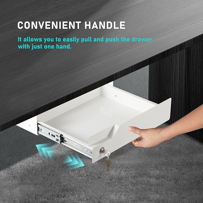 White Under Desk Drawer with Lock, Metal Hidden Storage