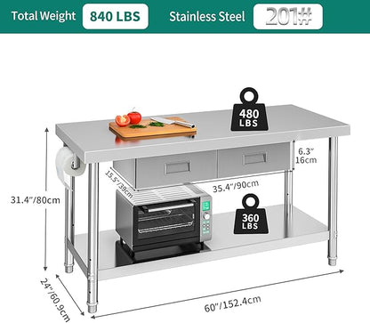 YITAHOME 60" X 24" Stainless Steel Table with Paper Towel Holder and 2 Drawers, NSF Work Table with Drawer, Metal Table Prep Table for Home Kitchen Restaurant Garage Warehouse