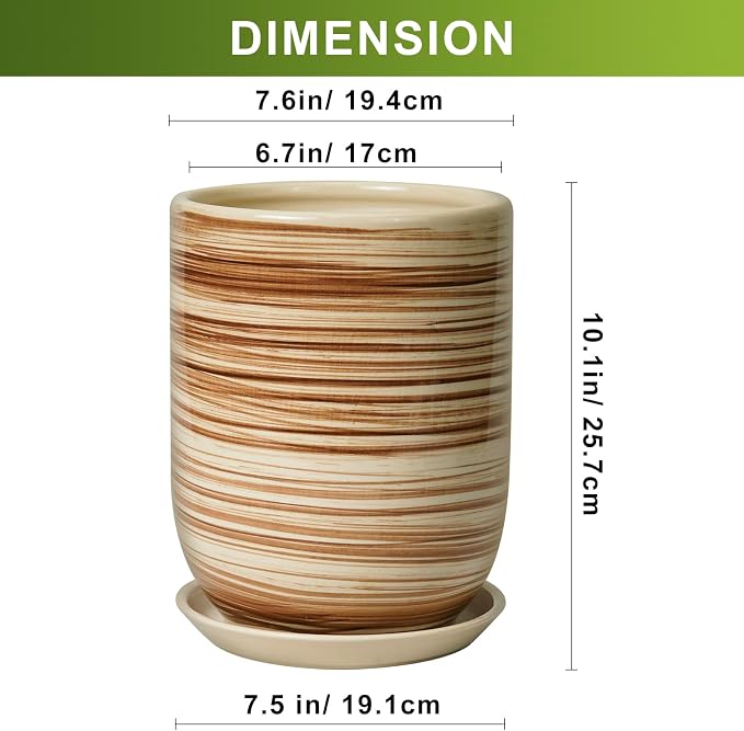 8 Inch Plant Pot, Ceramic Planter for Outdoor Plants, Large Plant Pot Indoor with Drainage Hole and Saucer, Modern Flower Pot for Home Garden Decor Yellow