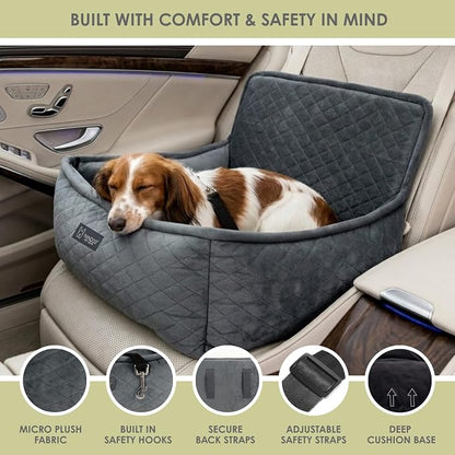 NANDOG Luxury Dog Car Seat Bed for Small Dogs, Micro Plush Pet Seat with Removable & Washable Cushion Insert, Thick Safety Seatbelt Straps, Secure Travel Carrier, Dark Grey, 20" L x 16" W