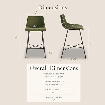 Poly & BARK Paxton Leather Counter Stools 24 Inches – Set of 3 - Counter Height Bar Stools – Barstools for Kitchen Island or Counters – Faux Leather & Matte Black Steel Base – Distressed Green Velvet