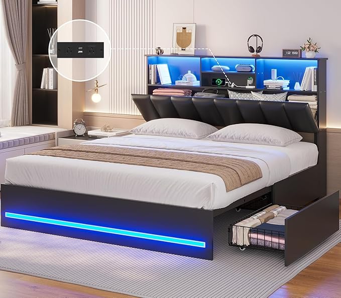 AOGLLATI Full Bed Frame with Stylish Bookcase Headboard & Charging Station & LED Lights,Full Size Bed Frame with 4 Storage Drawers and Metal Slats, No Box Spring Needed,Black