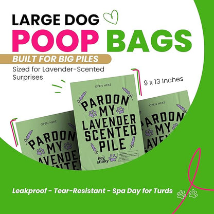 Dog Poop Bags 120 Count – Leakproof, Easy Open, Lavender Scent | Extra Thick Plant-Based PLA + PBAT, Fits All Dispensers | Funny Hey Stinky Design – $1 Donated to Service & Therapy Dogs