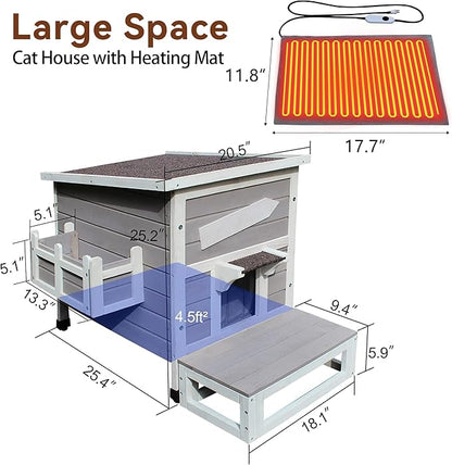 Rockever Heated Cat House for Outside Cats in Winter, Large Heated Cat Houses with Heating Pad, Wooden Outside Cat Shelter Weatherproof with Escape Door