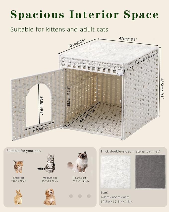 Cat Beds for Indoor Cats Extra Large Double Cat Cave Pet Cube, Handwoven Rattan Cat Houses with Double-Sided Soft Cushions, 18.5 x 20.5 x 19.1 Inches Foldable Hideaway in Living Room White