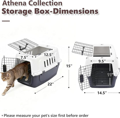 Athena Collection 22" Hard-Sided Travel Pet Carrier for Small Dogs and Cats | Plastic Dog Crate with 2-Door Top & Front Load, Ventilation, Security Lock, Cat Dog Carrier for Pet, up to 22lbs, Grey