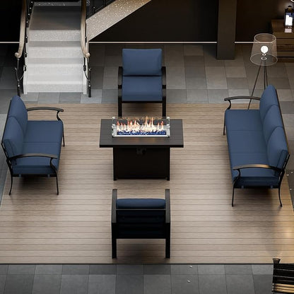 RTDTD Aluminum Outdoor Patio Furniture Set,5 Pieces 7 Seats Patio Conversation Sets with 45" Propane Fire Pit Table,Metal Patio Sectional Furniture Set w/5.1" Cushions,Navy Blue