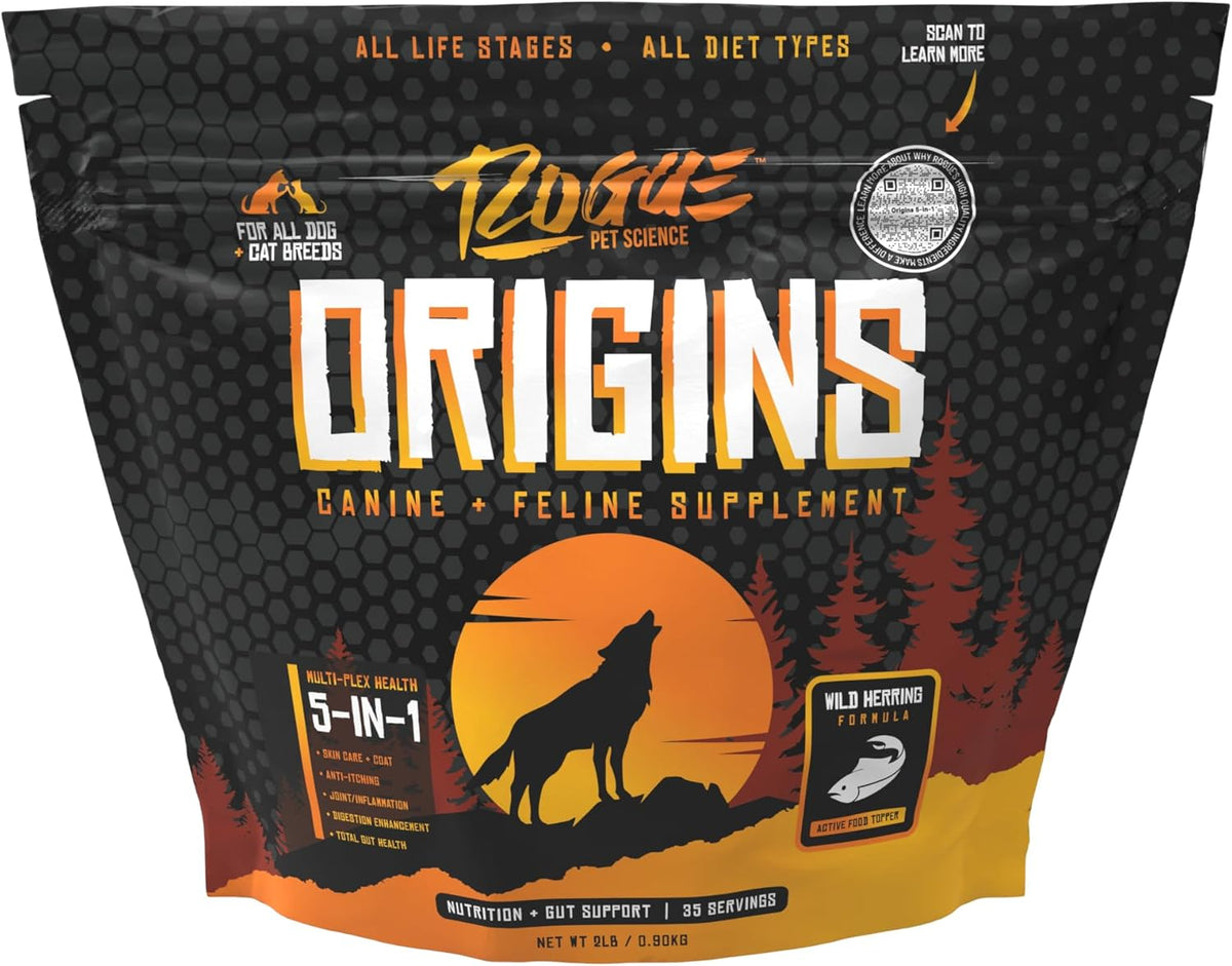 Origins 5-in-1 Dog Supplement - Powdered Food Topper w/Natural Omega 3 Fish Oil - Supports Healthy Digestion, Skin, and Coat - Helps Reduce Itching & Joint Inflammation (2 lbs)