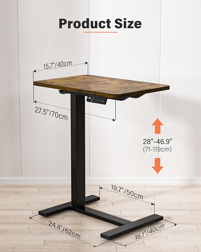 FiCiHi Small Electric Standing Desk - Adjustable Height Bedside Laptop Table with Wheels, Mobile, Portable Rolling Computer Workstation Sit Stand Table for Home Office,Sofa,Couch(28x16,Rustic Brown)