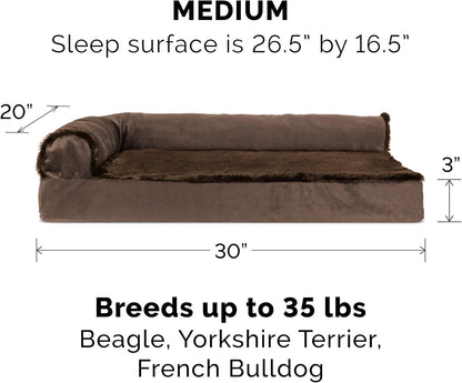 Furhaven Cooling Gel Dog Bed for Medium/Small Dogs w/ Removable Bolsters & Washable Cover, For Dogs Up to 35 lbs - Plush & Velvet L Shaped Chaise - Sable Brown, Medium
