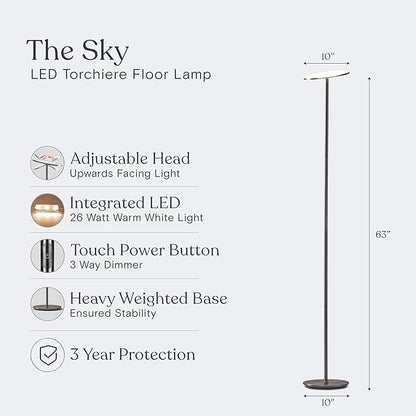 Brightech Sky LED Floor lamp, Torchiere Super Bright Floor Lamp for Living Rooms & Offices - Dimmable, Tall Standing Lamp for Bedroom Reading - Brushed Nickel