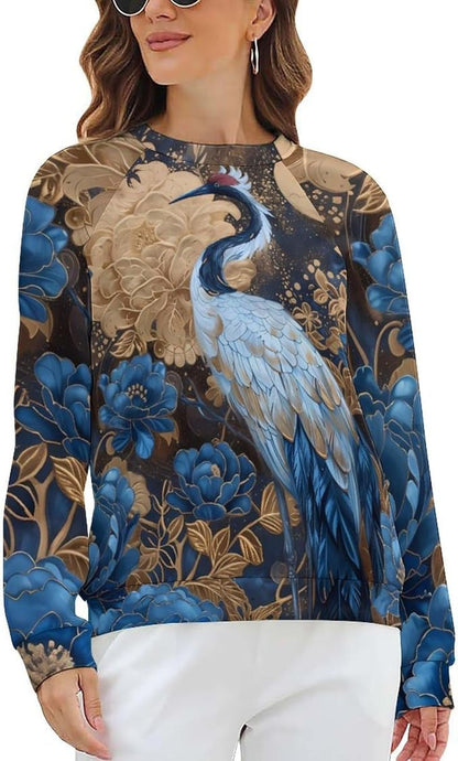 Womens Long Sleeve Tops Y2k Japanese Art Print Sweatshirts Fall Pullover for Women Crewneck Vintage Shirts Boho Tops