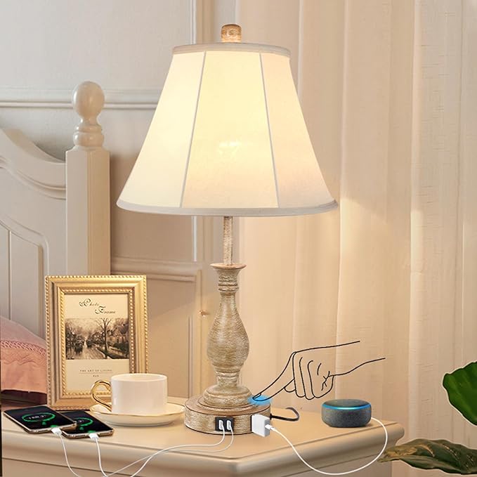 Farmhouse Table Lamp Touch Control 3-Way Dimmable Table Lamp, Modern Nightstand Lamp with 2 USB Port Bedside Desk Lamp with Fabric Shade for Living Room Bedroom Hotel (Pack 1-Beige Shade)