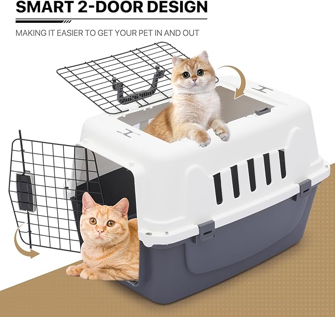 MoNiBloom 22-Inch Dog Crate Plastic 2-Door Top Loading Cat Carrier, Hard-Sided Dog Travel Carrier for Small Dogs and Cats, Ventilation and Security Lock Design for Pets up to 22 lbs (Grey)