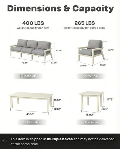 Patio Kingdom 7 Piece Patio Furniture Set, HDPE Outdoor Sectional with Gray Washable Thick Cushions, Coffee Table & Side Table, Patio Conversation Sets for Lawn, Garden, Porch, Balcony (White Frame)