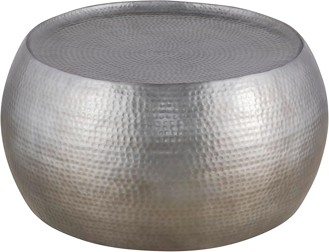 Modern Contemporary Round Aluminum Material 32" Coffee Table and 21" Height End 2PC Table Set with Glossy Hand Hammered Design Antique Silver