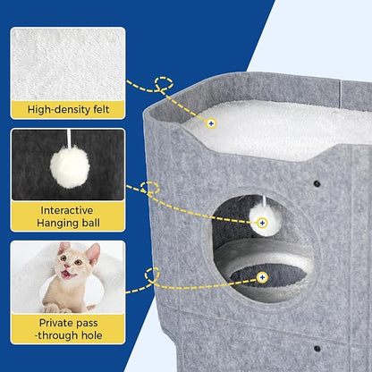 Cat House for Indoor Cats Large Cat Bed Cave 2-Storey Cats Condo with Cozy Felt Covered Hideaway for Multiple Pets Gray
