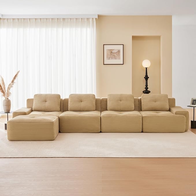 150.4'' Sectional Sofa, 32D Foam Corduroy Boneless Couch with Pillow, Deep Seat Wide Arm Sectional L Shaped Couch for Living Room, Apartment, Bedroom