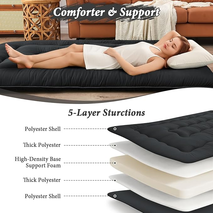 DAICO Japanese Floor Mattress, 4'' Thicken Futon Mattress Tatami Mat, Sleeping Pad Foldable Roll Up Mat for Camping and Guest Room, Full Size 54''*80'', Black