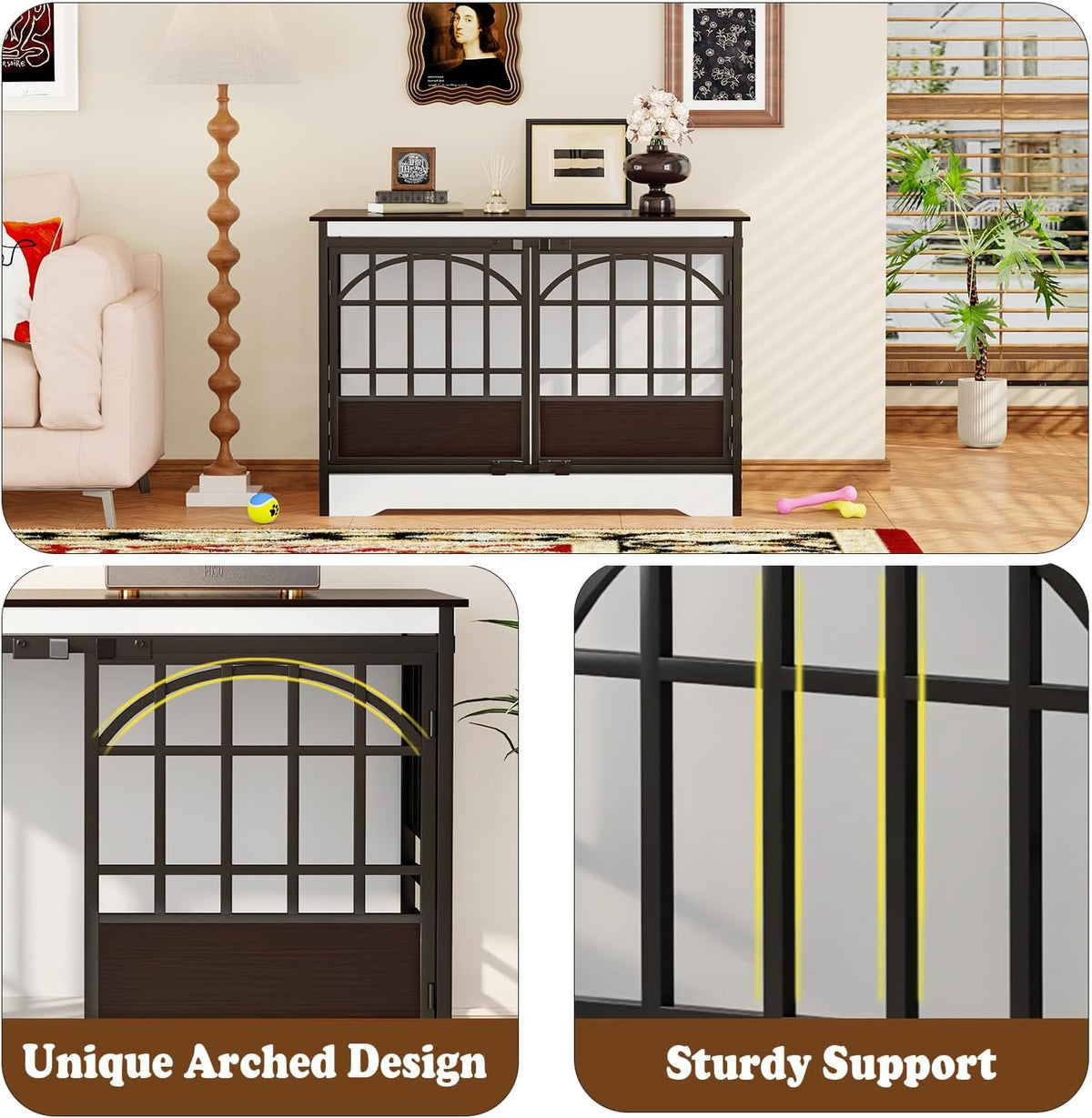 COZPAW 52 Inch Dog Crate Furniture, Extra Large Dog Kennel Indoor for XLarge Breed, Heavy Duty Dog Cage with Double Elegant Arched Doors, Decorate as TV Stand & End Table - White Brown