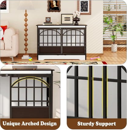 COZPAW 52 Inch Dog Crate Furniture, Extra Large Dog Kennel Indoor for XLarge Breed, Heavy Duty Dog Cage with Double Elegant Arched Doors, Decorate as TV Stand & End Table - White Brown
