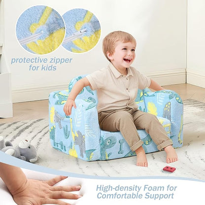 MeMoreCool Toddler Chair – Convertible Glowing Dinosaur Flip-Out Kids Sofa | 1–3 Years | Soft Foam Couch for Playroom, Reading & Relaxing | Fold-Out Lounge Seat with Washable Cover
