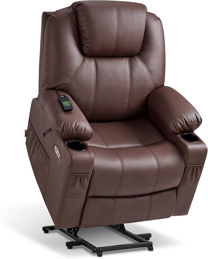 MCombo Electric Power Lift Recliner Chair Sofa with Massage and Heat for Elderly, 3 Positions, 2 Side Pockets, and Cup Holders, USB Ports, Faux Leather 7040 (Light Brown, Medium)