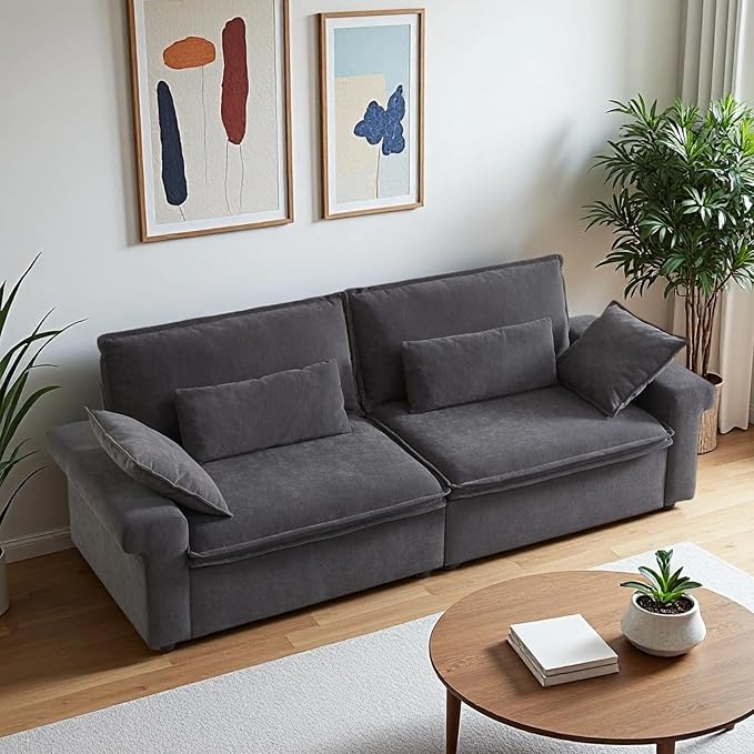 94 Inch Sofa, Oversized Couch with Wide Arms, Modern 2-Seater Sofa w/Throw Pillows, Chenille Fabric, Deep Seat Cushion, Easy Assembly, Comfy Couch for Living Room, Apartment, Office, Dark Grey
