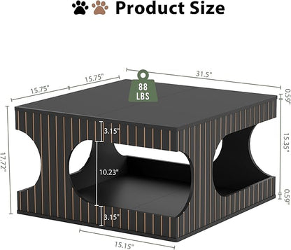 weselon 31.5" Square Coffee Table with Storage, Mid-Century Modern Center Table with Arched Cutouts and Carved Lines, 2-Tier Tea Table for Living Room, Cat-Friendly Base (Black)