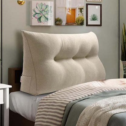 WOWMAX Wedge Pillow Headboard Dorm Headboard Twin XL Bed Bolster Pillow for Bed with Removable Cover, 80% Cotton & 20% Linen Blend, Natural Color