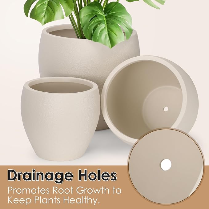 YNNICO Plant Pots 17.5/14.8/12.2 inch Set of 3, Flower Pots with Drainage Holes, Large Planters for Indoor Outdoor Garden Plants and Flowers. (Light Beige)