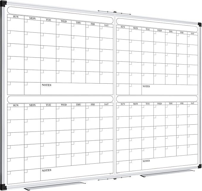 XBoard Magnetic Calendar Whiteboard 48x36 inch, 4 Month Dry Erase Board Planner with Silver Aluminium Frame, Foldable White Board Calendar for Home School Office Organization