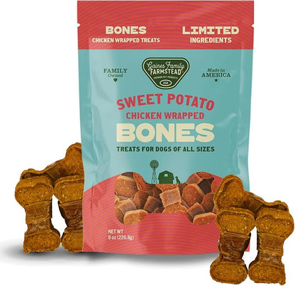 Gaines Family Farmstead Chicken Wrapped Sweet Potato Dog Bones - 8 oz Bag, Natural, Grain-Free Dog Treats for All Ages & Breeds, Great for Training and Rewards, Made in USA