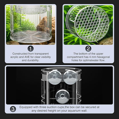 Floating Acrylic Breeder Box for Fish Tank - Aquarium Isolation Separator Hatchery Incubator for Guppy, Betta, Clownfish, Coral, Baby & Injured Fish