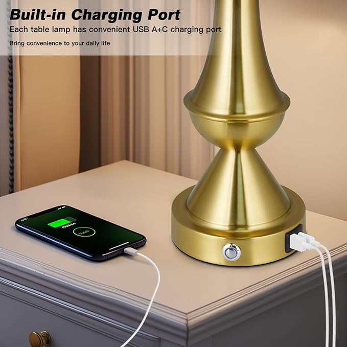 29" Tall Gold Table Lamps Set of 2 for Living Room, Touch Control Bedroom Lamps for Nightstand, 3-Way Dimmable Bedside Lamp with USB A+C Port &AC Outlets(2 LED Bulbs Included)