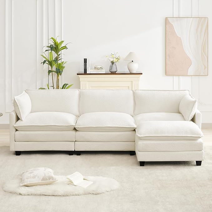 ROWHY Oversized Modular Sectional Couch with Movable Ottoman, 112" Modern Convertible L Shaped Sofa Set, 4 Seat Comfy Cloud Couch with 2 Throw Pillows, for Living Room and Office, Chenille, Beige