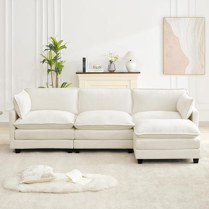 ROWHY Oversized Modular Sectional Couch with Movable Ottoman, 112" Modern Convertible L Shaped Sofa Set, 4 Seat Comfy Cloud Couch with 2 Throw Pillows, for Living Room and Office, Chenille, Beige