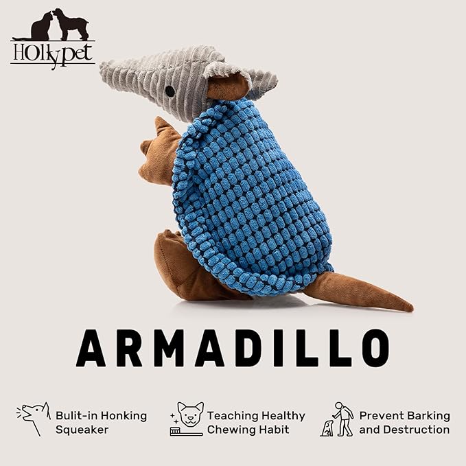 Hollypet Plush Dog Squeaky Toy Stuffed Armadillo Animal Pet Puppy Chew Toys with Clean Teeth for Small Medium Large All Breed Sizes Dogs, Blue, 14 in