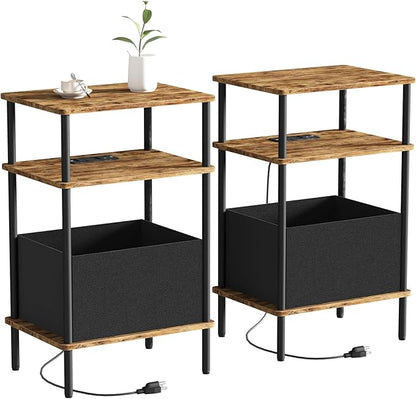 Small Side Table with Charging Station, Set of 2 End Table for Small Spaces, Slim Nightstand with Outlet,Sofa Beside Table,Living Room, Bed Room, Rustic Brown
