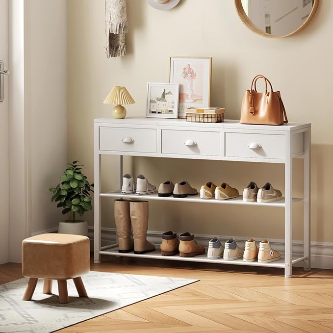 Furologee White Entryway Table, 38'' Console Sofa Table with 3 Fabric Drawers, Industrial Entry Way Table with Storage Shelves, Display Shelf for Living Room, Hallway, Entrance, Foyer