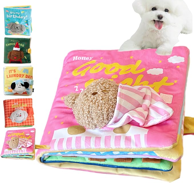 Cute Dog Birthday Toy Squeaky Snuffle Mat for Small Medium Dogs Interactive Plush Book Treat Puzzle for Puppy Crinkle Gifts (Pink)