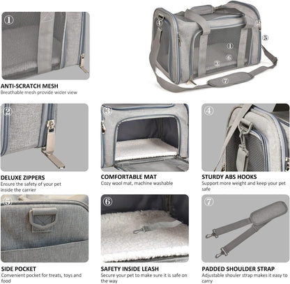 Cat Carriers Dog Carrier Pet Carrier For Small / Medium Cats Dogs Puppies (Up To 15lbs), TSA Airline Approved Small Dog Carrier Soft Sided, Collapsible Waterproof Travel Puppy Carrier - Grey
