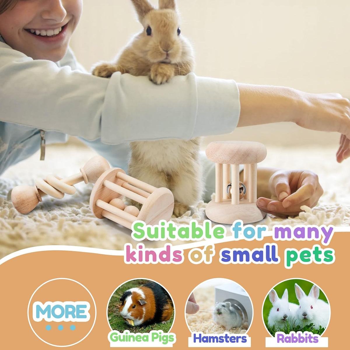 3 Pcs Wooden Bunny Toys - Safe Rabbit & Guinea Pigs Teeth Grinding Toys for Chinchillas, Hamsters & Small Animals - Indoor & Outdoor